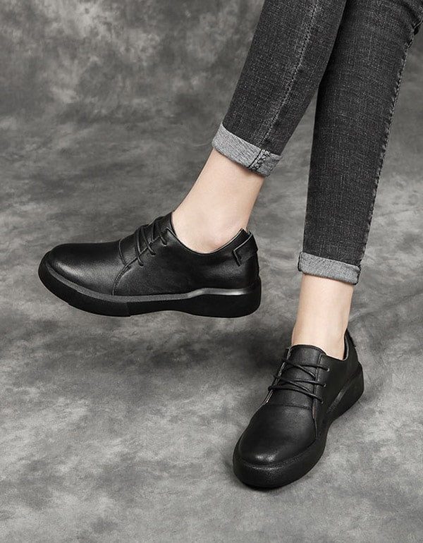 Fjærsnøre Retro Leather Flat Sko