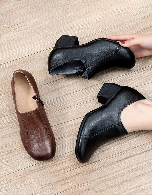 Spring Retro Leather Elegant Chunky Shoes