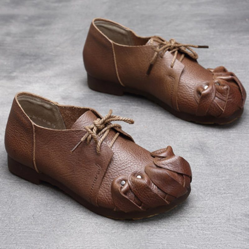 Spring Retro Leather Håndlaget Myk Bunn Flat Damesko | Gave Sko