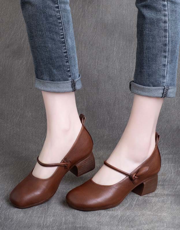 Spring Retro Leather Round Head Chunky Shoes