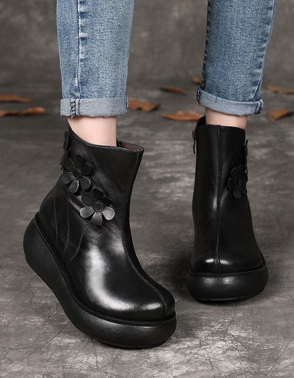 Flower Retro Leather Wedge Ankel Boots