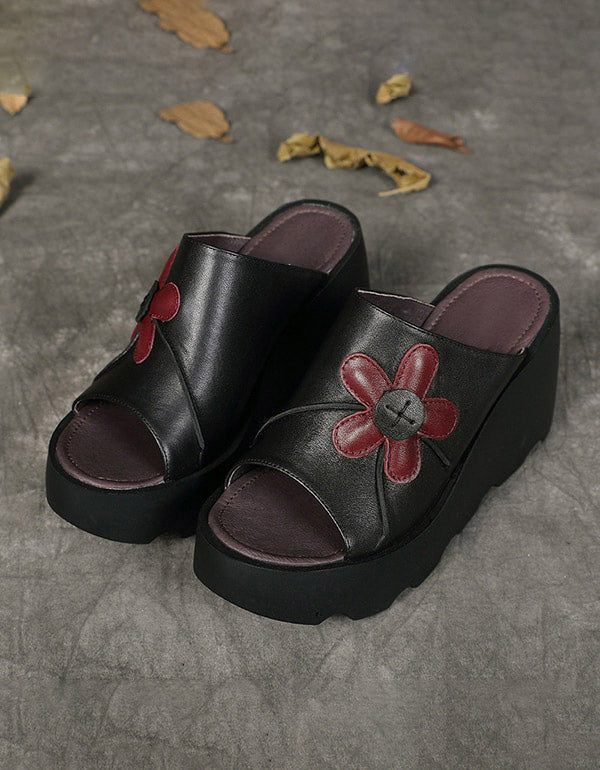 Håndlagde Retro Summer Black Wedge-tøfler