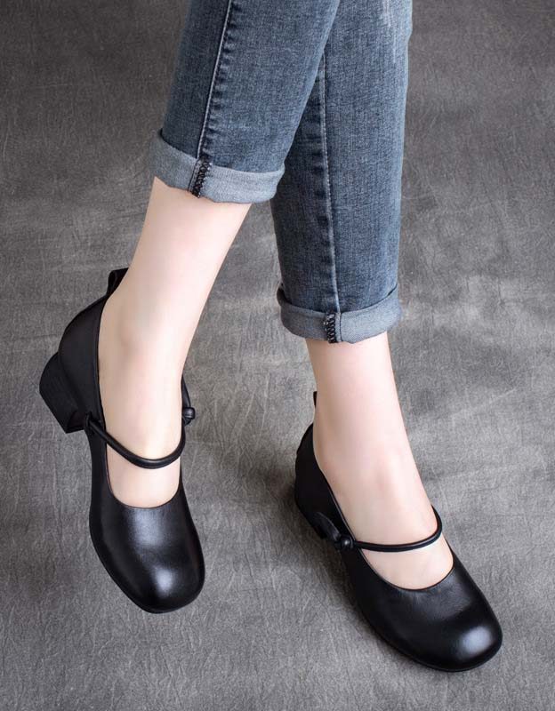 Spring Retro Leather Round Head Chunky Shoes