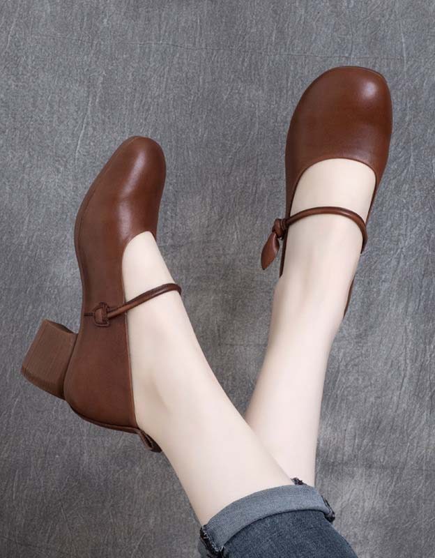 Spring Retro Leather Round Head Chunky Shoes