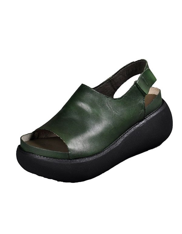 Summer Retro Leather Sandaler Med Åpen Tå Med Kilehæl