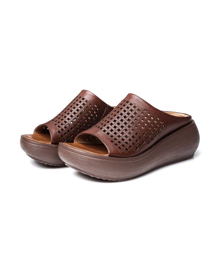 Håndlagde Leather Hule Summer Wedge Slippers