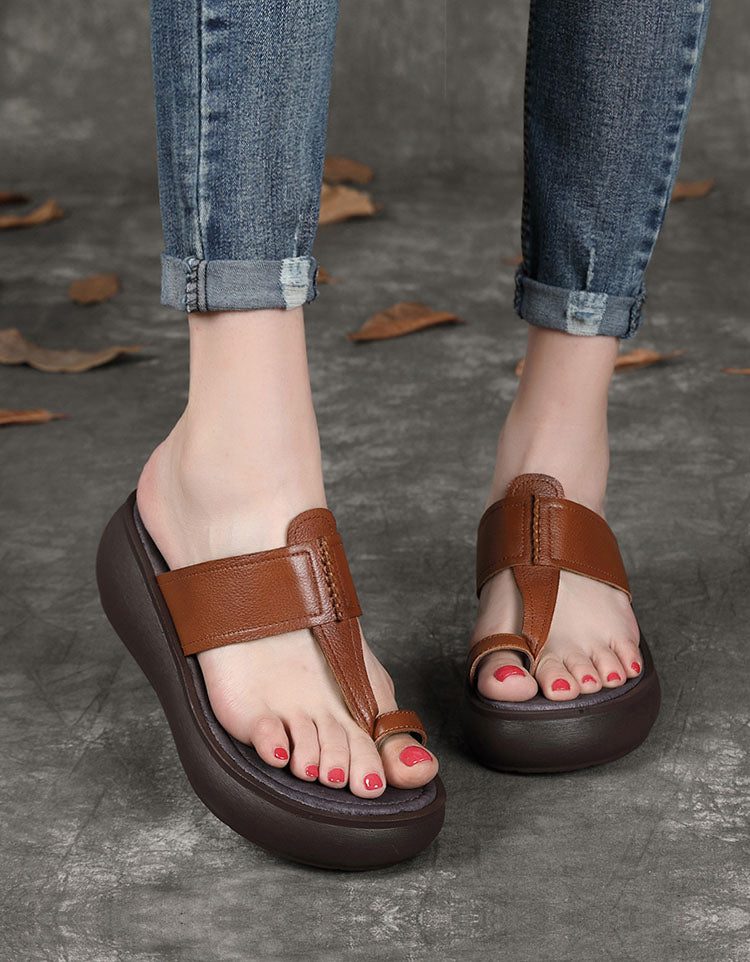 Håndlagde Retro Leather Flip Flop Wedge Sandaler