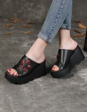 Håndlagde Retro Summer Black Wedge Slippers